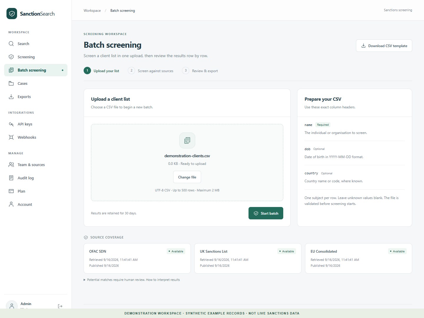 Actual batch screening upload page with CSV format guidance and a synthetic demonstration file selected